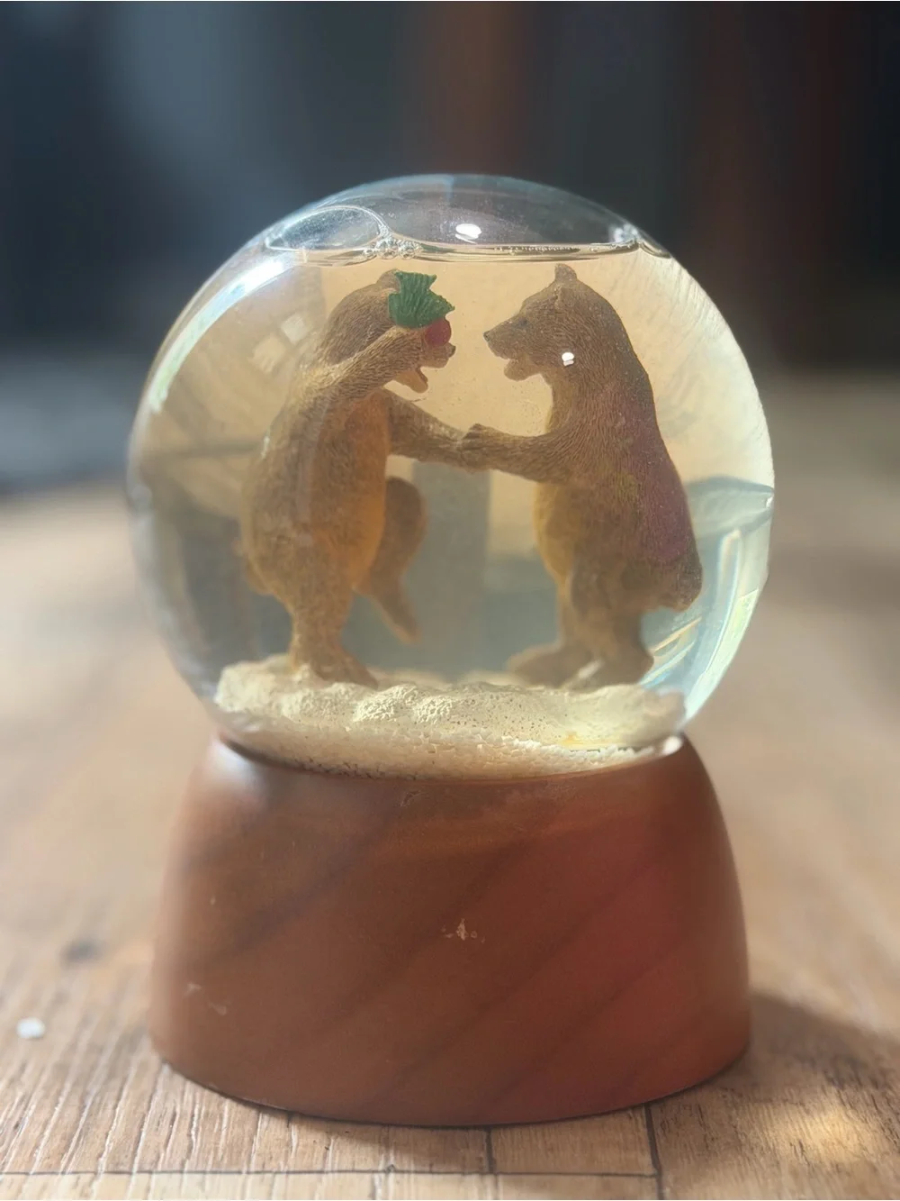 Clear Glass Snow Globe with Dancing Bear Figurines - Brown Base
